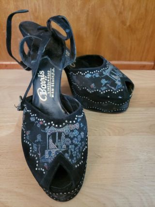 Vtg 40s Suede/velvet Leather Peep - Toe Heels Pumps Shoes Sz 6.  5 Chinese Motif