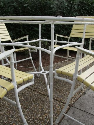 Vtg Mid Century Modern Bamboo Vinyl Strap Table Patio Set Lounge Chairs 7