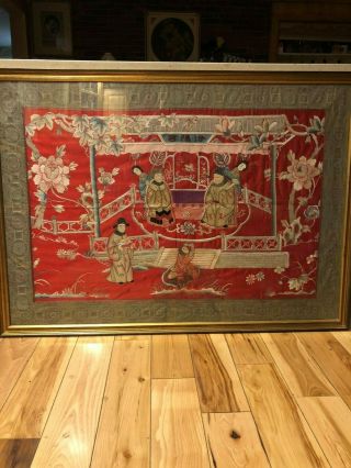 Large Vintage Asian Embroidered Needlepoint Asian Oriental Art