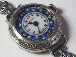Lovely Antique Medana Swiss Silver & Blue Enamel Wristwatch