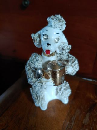 Spaghetti Poodle Dog Vintage Figurine Holding Watering Can Rhinestone Eyes Japan