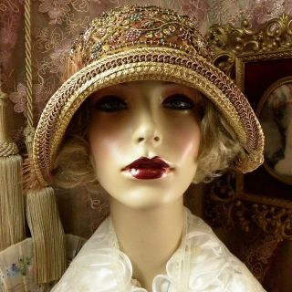 1920 ' S VINTAGE STYLE BROWN & GOLD COLORFUL BEADED CLOCHE FLAPPER DRESS HAT 2