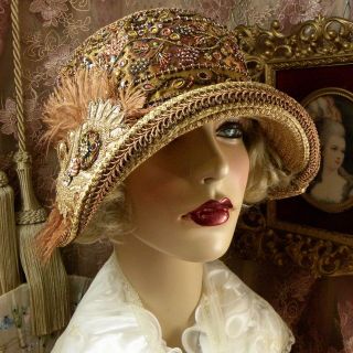 1920 ' S VINTAGE STYLE BROWN & GOLD COLORFUL BEADED CLOCHE FLAPPER DRESS HAT 3