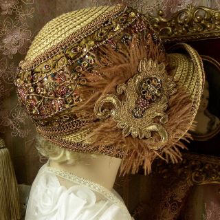 1920 ' S VINTAGE STYLE BROWN & GOLD COLORFUL BEADED CLOCHE FLAPPER DRESS HAT 6