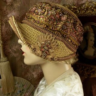 1920 ' S VINTAGE STYLE BROWN & GOLD COLORFUL BEADED CLOCHE FLAPPER DRESS HAT 7
