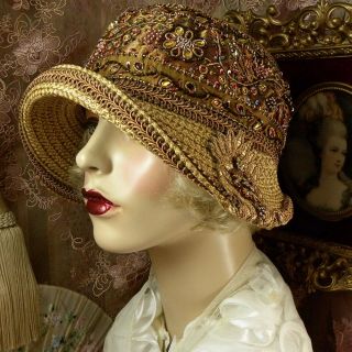 1920 ' S VINTAGE STYLE BROWN & GOLD COLORFUL BEADED CLOCHE FLAPPER DRESS HAT 8