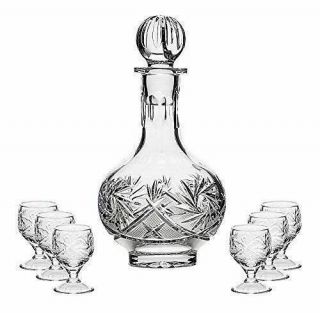 7 - Pc Russian Vodka Set Crystal 16 Oz Decanter,  6 Shot Glasses Vintage Hand Made