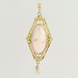 Edwardian Carved Pink Shell Cameo Pendant - 10k Gold Freshwater Pearl Vintage