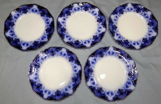 Set Of 5 Antique Alfred Meakin Flow Blue Regent 7 " Salad Pie Plates England Vtg