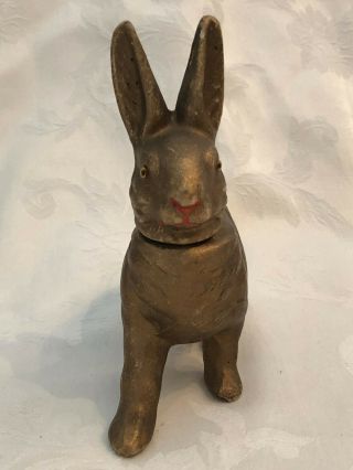 Vtg German Paper Mache Gold Metallic Easter Rabbit Glass Eye Candy Container 46