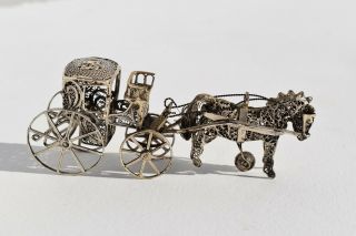 Fantastic Antique Miniature Sterling Silver Filigree Horse Drawn Carriage