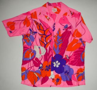 Vtg 60s Lilia Honolulu Hawaiian Shirt Pink Butterfly Floral Dayglow Tropical Lg