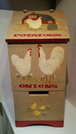 Vintage Handcrafted Potato/onion Bin Farm/chicken Motif Signed " Lutz "