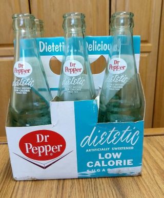 Vintage Dr.  Pepper Dietetic 6 Pack,  6 1/2 Oz.  Glass Bottles (6) RARE 3