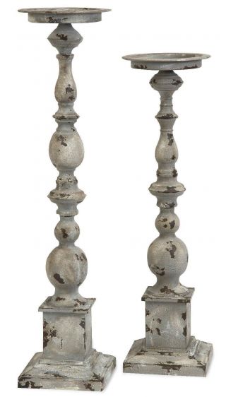2 Antique - Style Wrought Iron Pillar Candleholders Distressed Finish 22”,  27” H