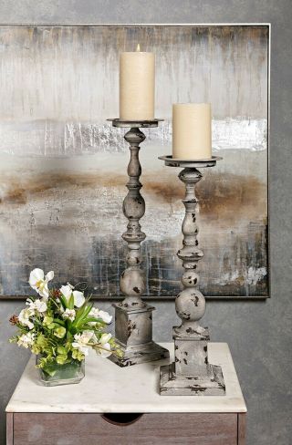 2 Antique - Style Wrought Iron Pillar Candleholders Distressed Finish 22”,  27” H 2