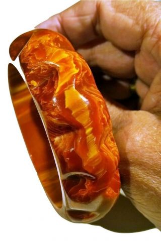 Vintage Carved Bakelite Bangle Bracelet Rare Extreme Red Orange Marble Swirl
