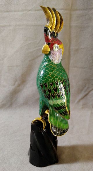 Vintage Chinese Cloisonne Cockatoo Enameled Parrot Bird Figurine Wooden Perch