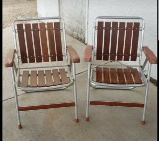 Vtg Redwood And Aluminum Folding Patio Chairs (2)