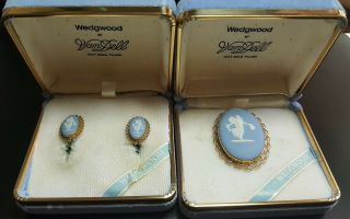 Wedgwood Jasperware Cameo Van Dell 12k Gold Filled Brooch Pendant Pin & Earrings