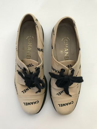 Rare Vtg Chanel 90s Beoge Logo Shoes 38.  5