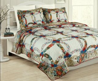 Double Wedding Ring Full Queen Quilt Set: Piece Ivory Red Vintage Floral Country