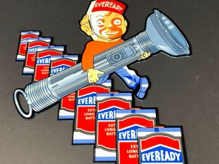 Vintage Eveready Battery " Extra Long Life " Metal Crazy Die - Cut Advertising Sign