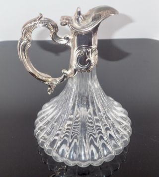 Vtg Crystal Ship Decanter Ribbed Body Silver Collar Spout Wine Whiskey Pitcher