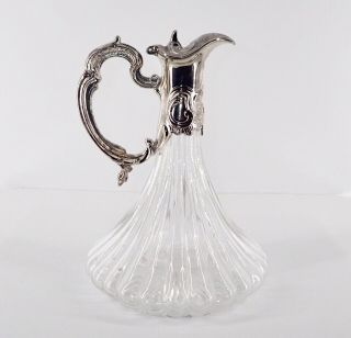 Vtg Crystal Ship Decanter Ribbed Body Silver Collar Spout Wine Whiskey Pitcher 2