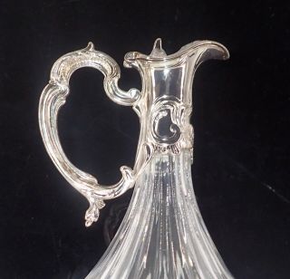 Vtg Crystal Ship Decanter Ribbed Body Silver Collar Spout Wine Whiskey Pitcher 3