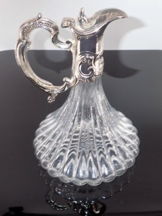 Vtg Crystal Ship Decanter Ribbed Body Silver Collar Spout Wine Whiskey Pitcher 5