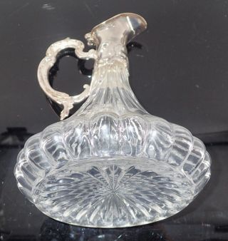 Vtg Crystal Ship Decanter Ribbed Body Silver Collar Spout Wine Whiskey Pitcher 6