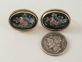 14kt Gold Antique Victorian Hand Painted Enamel Floral Screw - On Earrings.