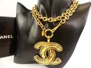R1496 Auth Chanel Vintage Gold Plated Quilted Cc Charm Chain Necklace