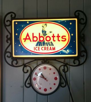 Vintage,  Abbotts Light Up Ice Cream Clock,  Sign,  Rare 1940 