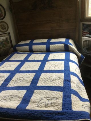 Vintage Blue Bird/dove Embroidered Hand Quilted Quilt Simply