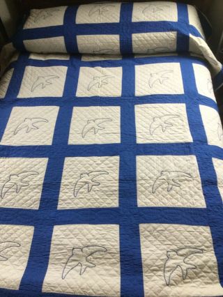Vintage Blue Bird/Dove Embroidered Hand Quilted Quilt Simply 2
