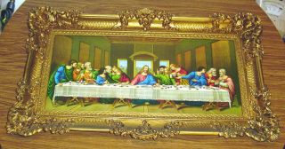 Vintage " The Last Supper " Art Print In Large Carved Gold Ornate Frame 37 " X 21 "