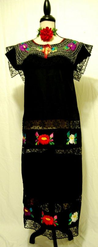 5 De Mayo Yucatan Mexico Black Maxi Dress 2 Pc Folkloric Embroidery Wedding Vtg