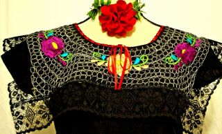 5 de Mayo Yucatan Mexico Black Maxi Dress 2 pc Folkloric Embroidery Wedding vtg 2