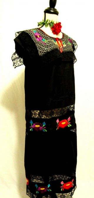 5 de Mayo Yucatan Mexico Black Maxi Dress 2 pc Folkloric Embroidery Wedding vtg 3