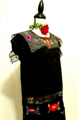 5 de Mayo Yucatan Mexico Black Maxi Dress 2 pc Folkloric Embroidery Wedding vtg 5