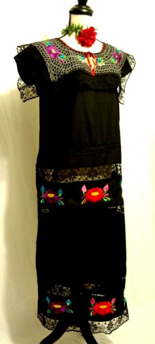 5 de Mayo Yucatan Mexico Black Maxi Dress 2 pc Folkloric Embroidery Wedding vtg 6