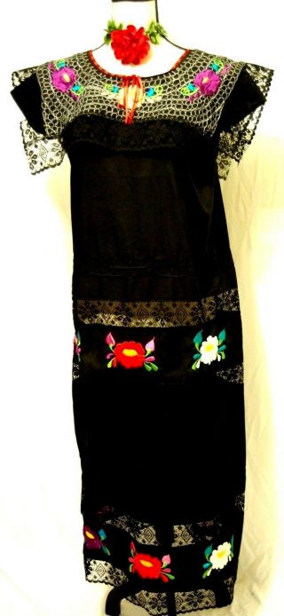 5 de Mayo Yucatan Mexico Black Maxi Dress 2 pc Folkloric Embroidery Wedding vtg 7