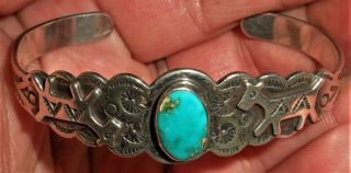 C.  1930 Navajo Sterling Silver Turquoise Bracelet Horse & Arrowhead Stamps Vafo