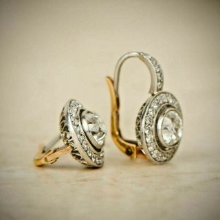 14k White Gold Over Antique Vintage Art Deco 4.  0ctw Diamond Halo Earrings 1920 