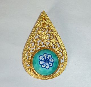Vintage Istanbul Turkey Gold Plated 925 Silver W/ Painted Porcelain Pendant