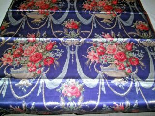 Vtg Fabric Silky Navy Sateen Urns Roses 47 " X 16 Feet Hollywood Regency