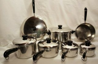 13 Pc Vintage Revere Ware 1801 Tri - Ply Bottom Stainless Steel Cookware Set: 80 