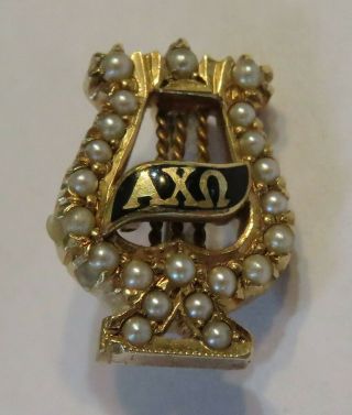 Vintage Alpha Chi Omega 14k Gold Lyre With Seed Pearls Sorority Pin 2.  9 Gm